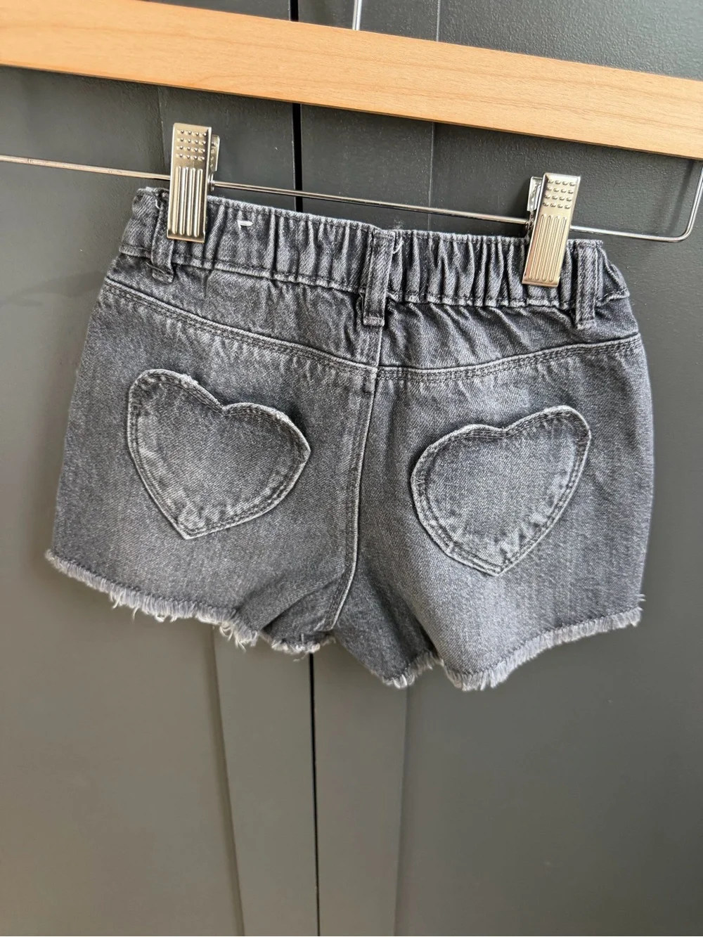 Zara Kids Washed Black Denim Button-Front Shorts with Heart Pockets | 4 Years